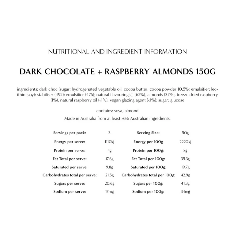 Dark Chocolate + Raspberry coated Almonds 150g