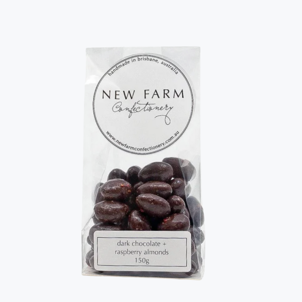 Dark Chocolate + Raspberry coated Almonds 150g