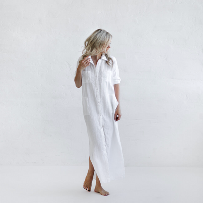 Baltic Linen Maxi Shirt Dress White