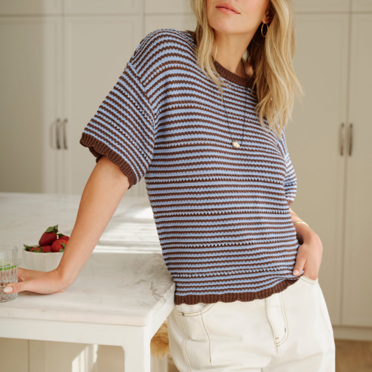 Boxy Knit Tee – Brunette Sky Blue Stripe